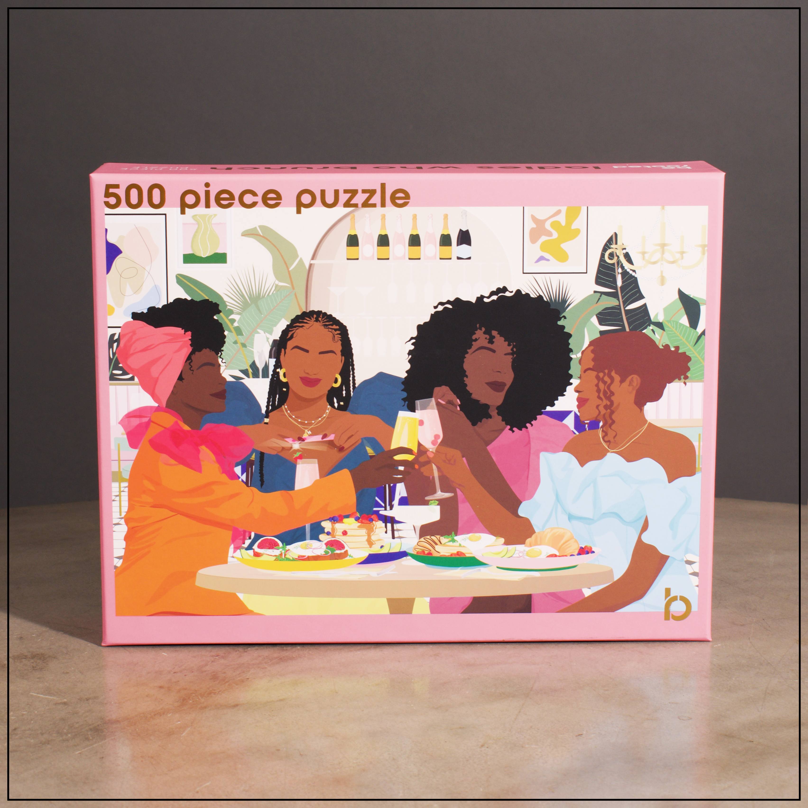 Ladies Who Brunch 500 Piece Puzzle - 500 pieces with a soft-touch finish Includes a photo of the completed puzzle Comes in a box for safekeeping  Dimensions: 14”x20”  Hand-drawn artwork Clink, clink. Nom, nom. Bring brunch home with a 500-piece puzzle made to honor everyone’s favorite snacking and sipping social gathering — reservations not required. Features a beautiful, hand-drawn image of four ladies cheersing, noshing and living their best brunch lives. Comes in a puzzle box with luxe gold foil lettering.