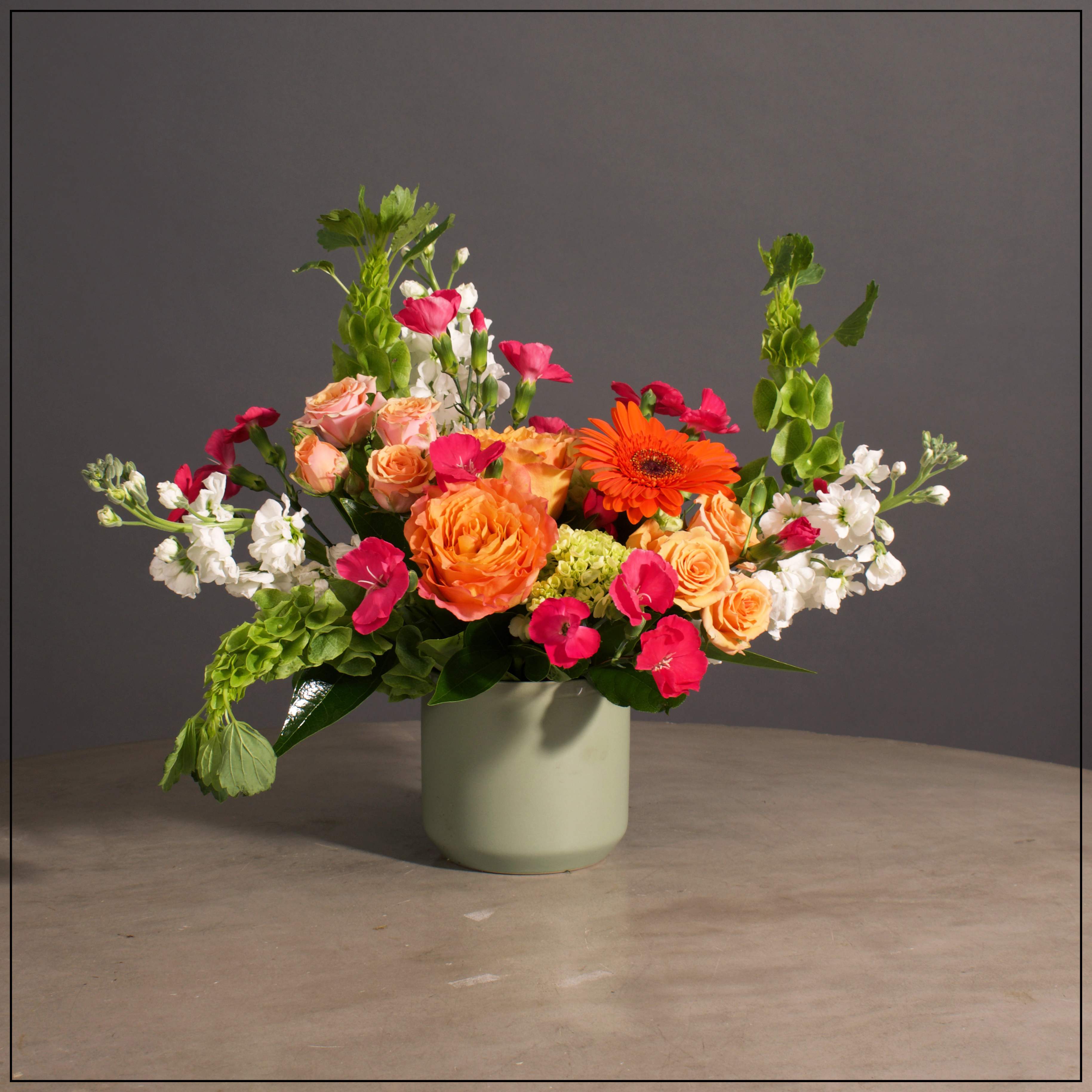 Citrus Kiss - Roses, Spray Roses,Gerbers, Hydrangea, Stock, Bells of Ireland and Mini Carnations in a Cute Dusty Green Pot.  Approximately 14&quot; H x 18&quot; W