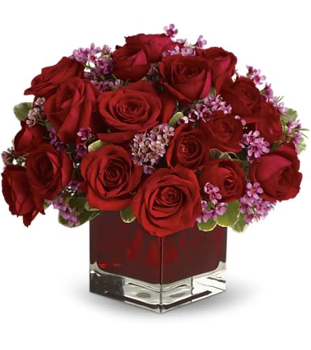 Never Let Go by Teleflora - 18 Red Roses - Let someone special know how much their love means to you by sending them this truly original arrangement. A vision in red with lavender accents this beautiful gift is a poignant way to celebrate love that endures. Eighteen pretty red roses with lavender waxflower and greens are delivered in a stunning ruby red cube vase.Approximately 12&quot; W x 11&quot; H Orientation: All-Around As Shown : T65-1ADeluxe : T65-1BPremium : T65-1C