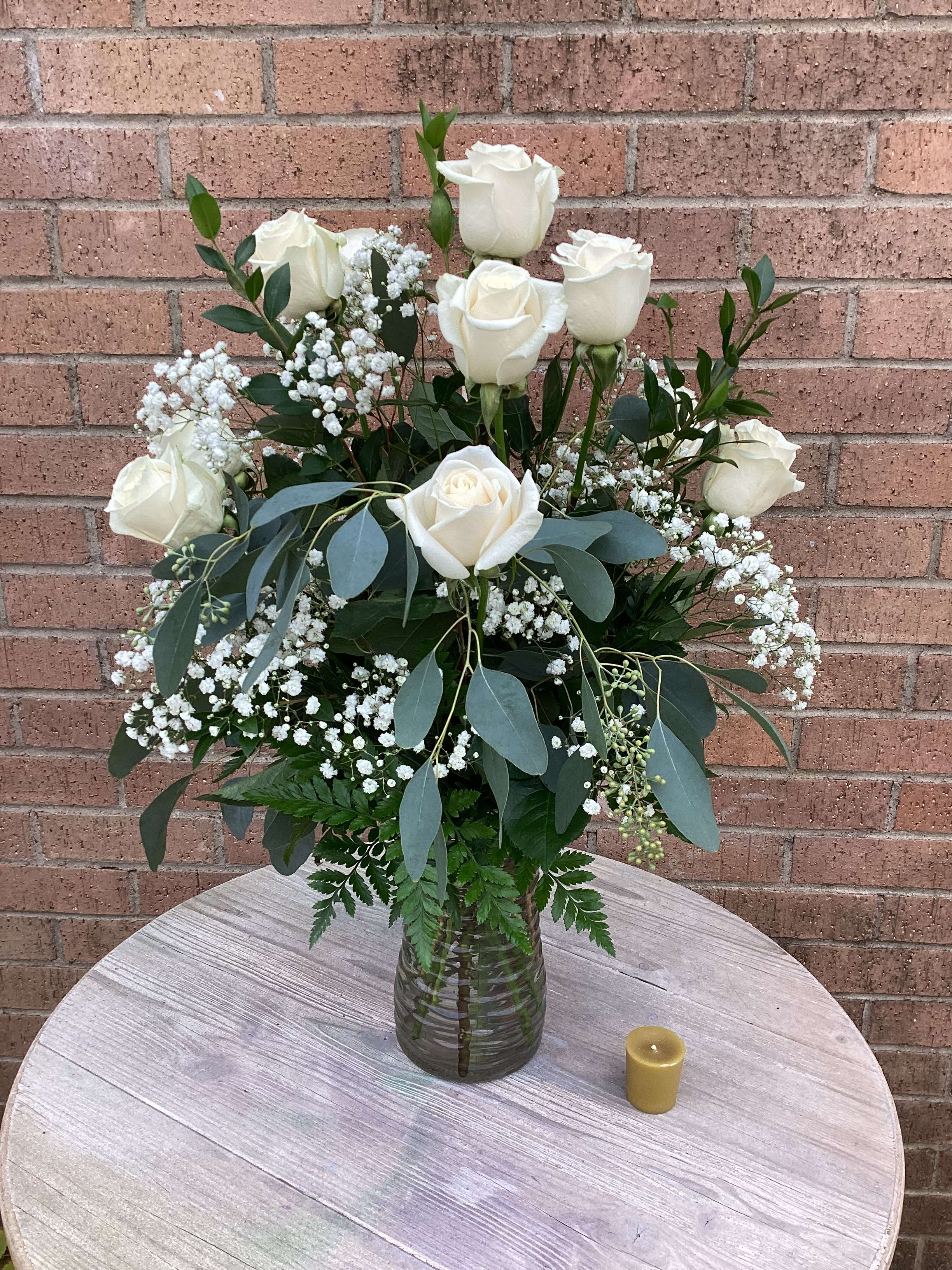 Deluxe White Roses - All White Roses with Babies Breath and Mixed Greenery.
