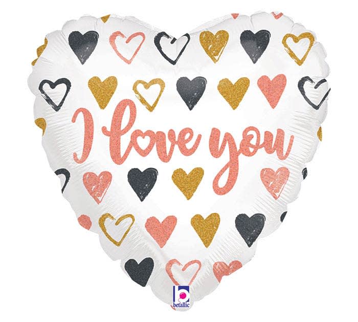 18" Rose Gold Hearts I Love You Mylar 18" Rose Gold Hearts I Love You Mylar - Bring this simple and modern mylar into your balloon bouquet.