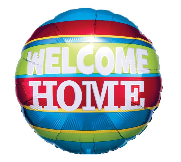 18" Striped Welcome Home Mylar 18" Striped Welcome Home Mylar - Choose this red, green, and blue stripped balloon with the writing 'Welcome Home'.
