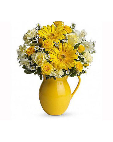 Pitcher of Sunshine - Keep the clouds away with this sunshine yellow arrangement of fresh roses cremones alstroemeria and daisy poms hand-designed by our florists in a reusable white ceramic pitcher. A refreshing surprise that celebrates the bright side of life. Coors and flowers are subject to change due to availability.   FCF-91358