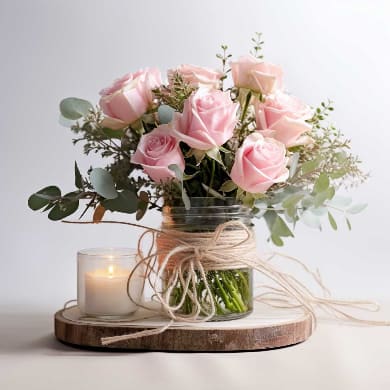 Tender Pink Kisses - DESCRIPTION: This Valentine's Day spread love with this stunning bouquet, full of heartwarming seasonal blooms. In This bouquet you get 8 pink roses with greenery in a clear container. PLEASE NOTE: Flower stems in the image are NOT GUARANTEED, we will use seasonal flowers in keeping with the holiday theme. Containers will vary! Candle not included.
