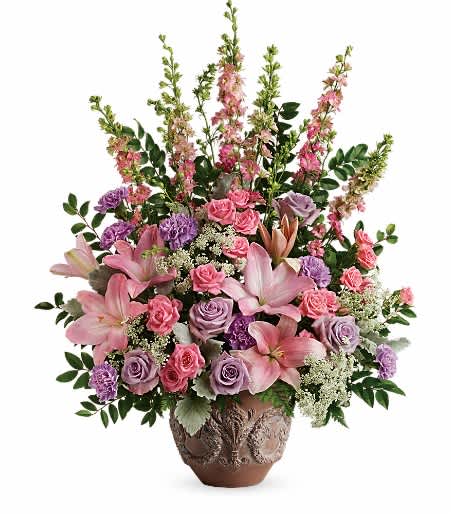 Soft and Blush Bouquet  - a Grande arrangement ! A soft pink arrangement features lavender roses, pink spray roses, pink asiatic lilies, lavender carnations, pink larkspur, queen anne's lace, huckleberry, dusty miller, and leatherleaf fern.  