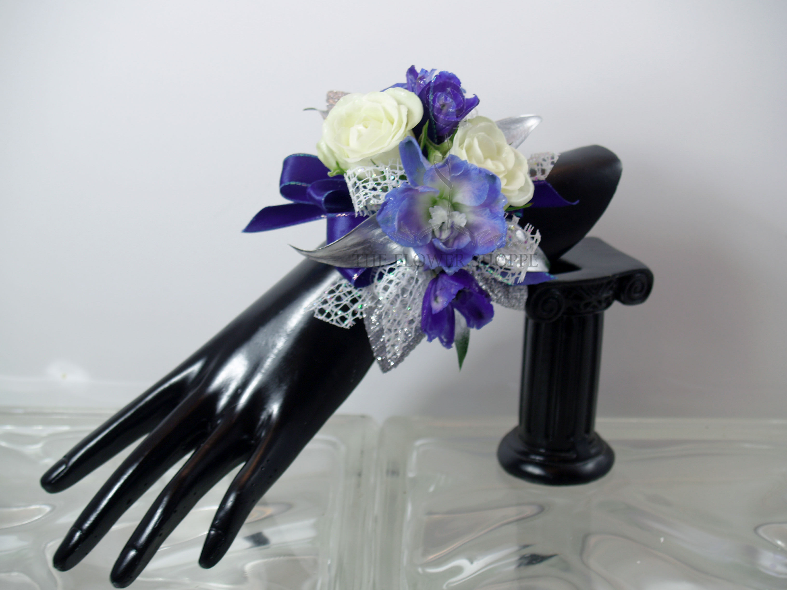 Blue &amp; White Wrist Corsage - Blue Delphinium,  White Spray Roses, And Silver Accent