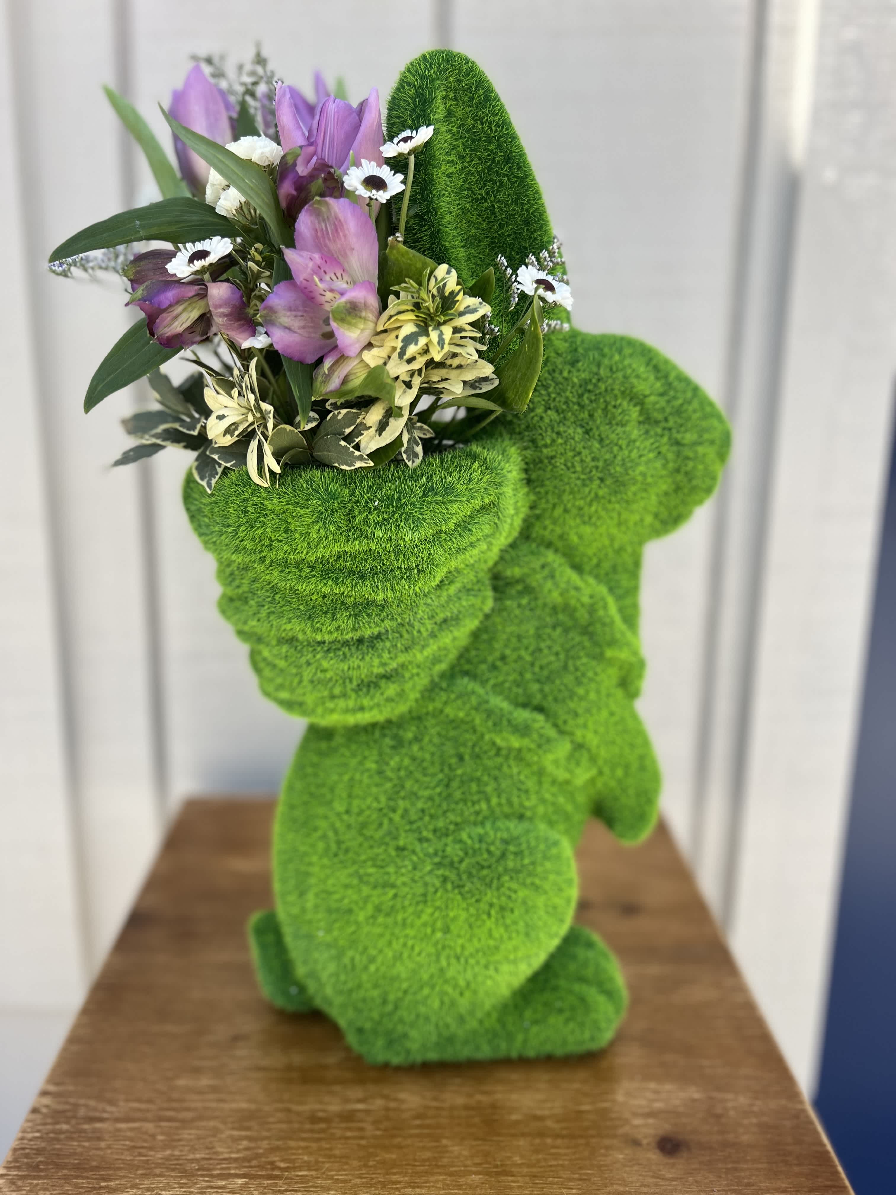 Faux Moss Bunny with Basket Backpack - Faux basket filled with spring flowers. 