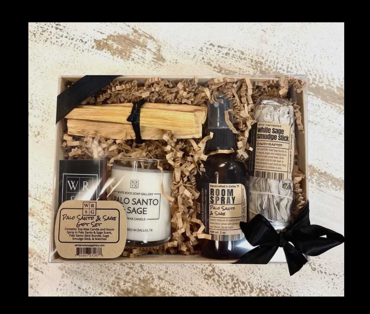 Palo Santo and Sage Gift Set  - Our five piece, Palo, Santo, and sage kit includes soy wax, votive candle, 2 ounce room freshening spray, three Palo Santo sticks, one white sage, smudge stick, and a pack of matches. 
