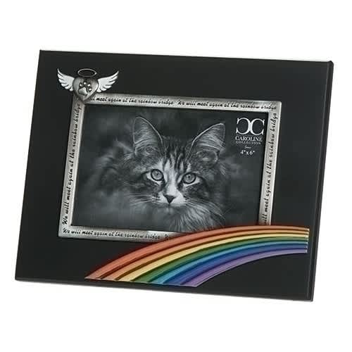 Rainbow Bridge Memorial Frame Horizontal Format for 4x6 Photo - Black frame with rainbow bridge accented with pewter tone heart with paw print &quot; Inscription reads&quot; We will meet again at the rainbow bridge.&quot; Though frame features a picture of cat, it can be used for dogs as well. The 4x6 Verticle Format features a picture of a dog.  Height is 7.5&quot;.