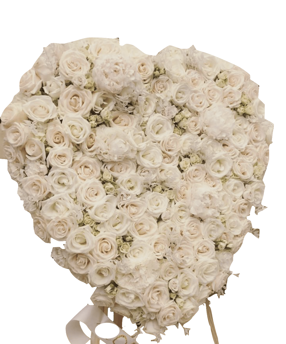 Soulmate - This funeral arrangement is made with fresh florals. This heart has the following florals; Roses, spray roses and hydrangea.