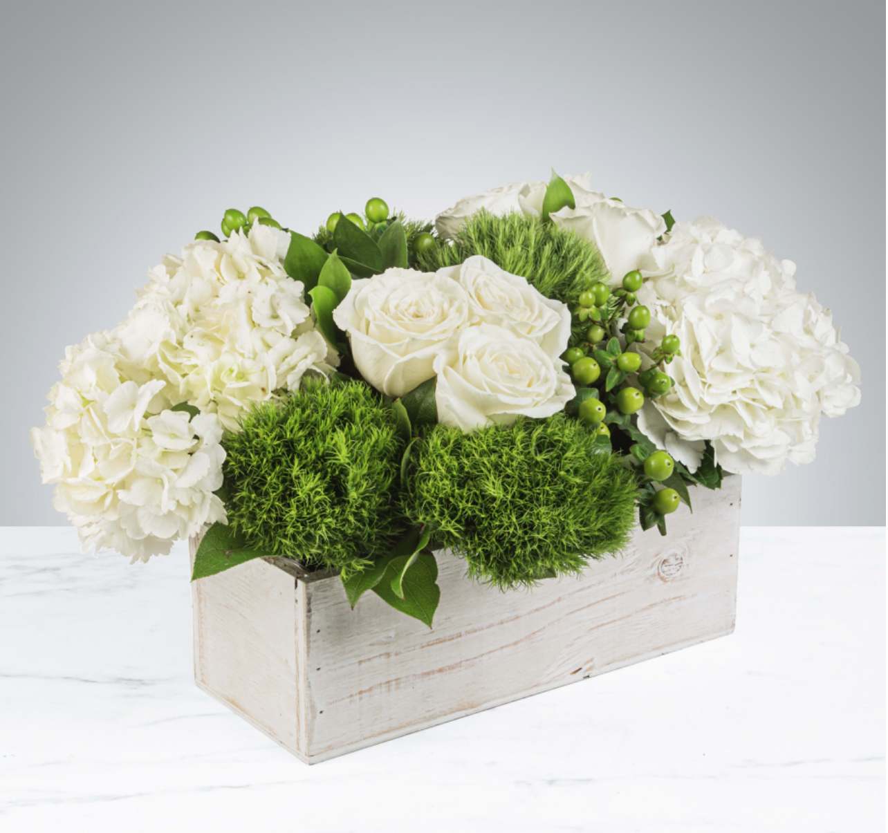 The Hamptons by BloomNation™ The Hamptons by BloomNation™ - This crisp white and green arrangement includes roses, dianthus, and hydrangeas. The Hamptons by BloomNation™ is the perfect gift… It's size and shape also make it a fitting centerpiece for any table. APPROXIMATE DIMENSIONS 18" W X 10" H