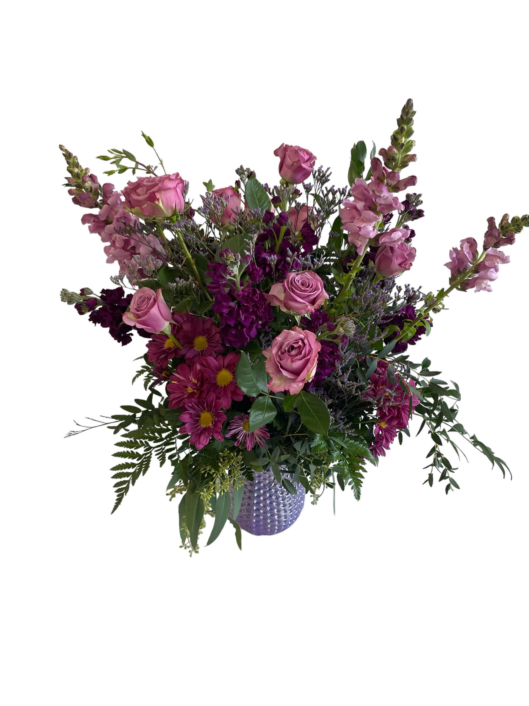 Purple Passion - If you love purple you NEED this arrangement! Mix of purple roses and daisies in a delightful purple vase!
