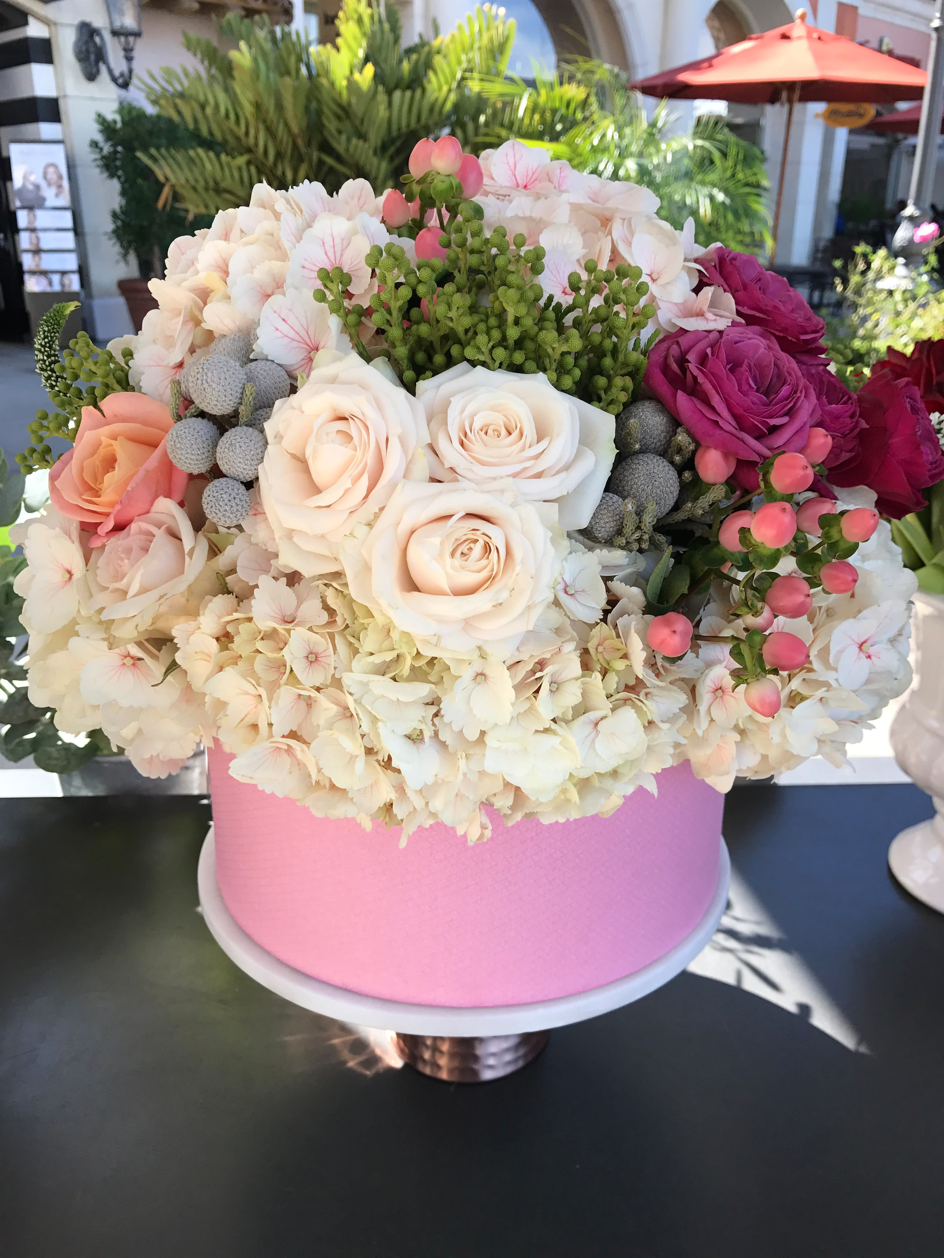 Happy Spring  - Box of beautiful pink and white hydrangeas, spray roses, garden roses, ranunculus, pink hypericum berries, silver brunia, greenery.