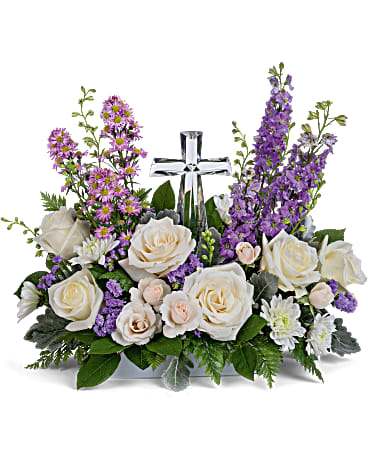 KF_TEV67-5A  Teleflora's Poised With Love - A Beutifully Classic Arrangement in Purples And Whites, Featuring Our Crystal Cross.