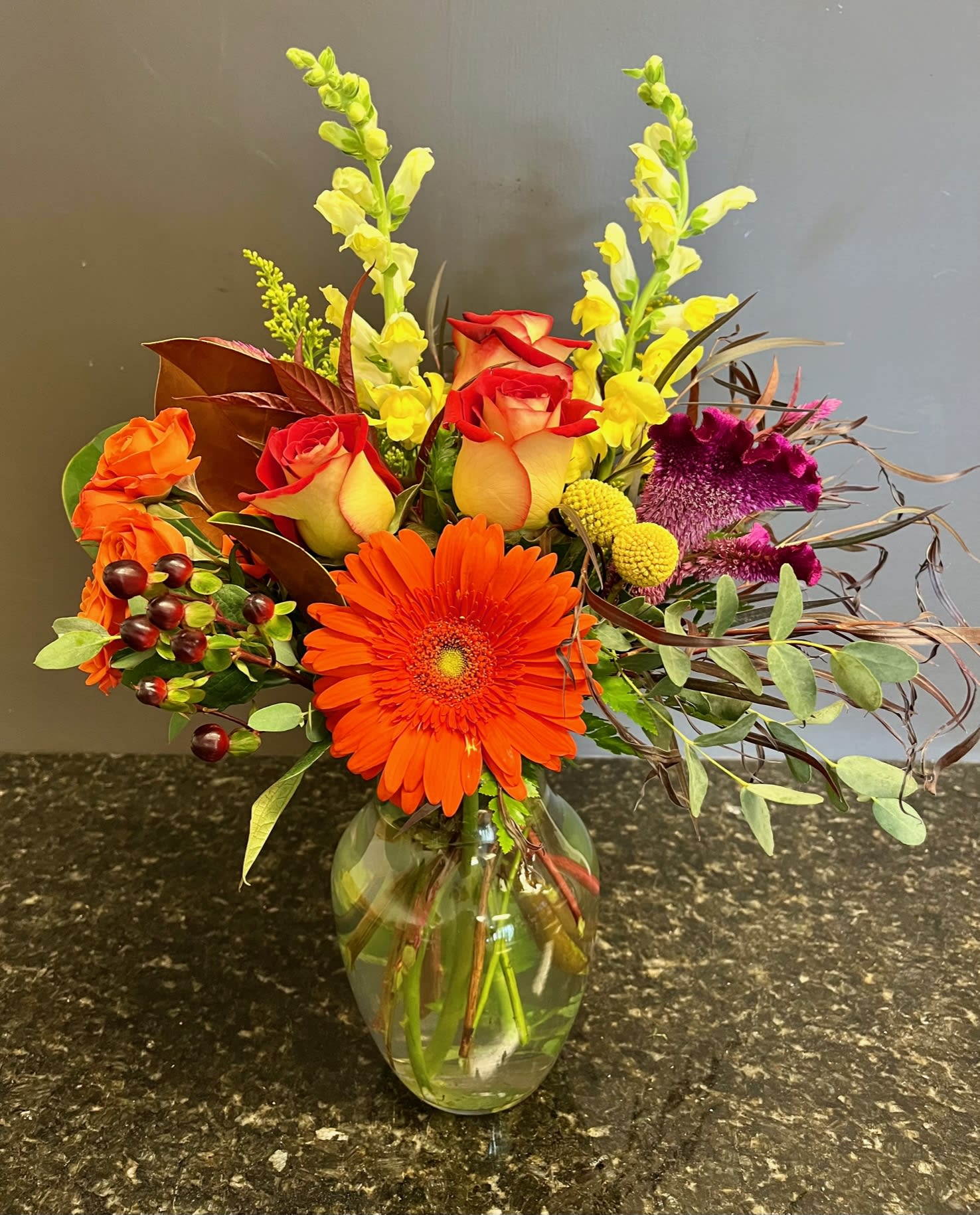Aspen - Fall bouquet with gerbers, roses, snapdragons, seasonal fall greenery and accent flower. 