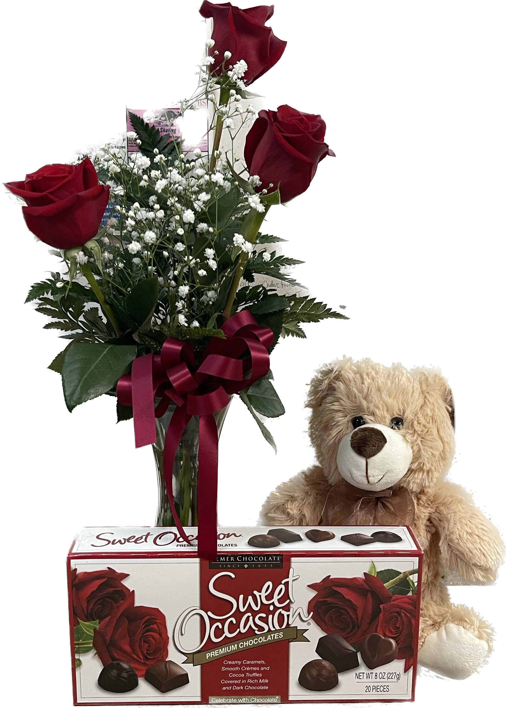 Beary Sweet Surprise - Bear, Chocolates, &amp; Roses combo. If you would like other color than red roses please specify color.