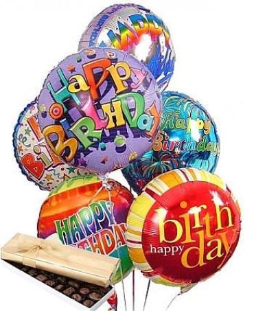 Birthday Bouquet with Chocolate - This birthday bouquet consists of 6 mylar balloons and a pack of Ghiradelli chocolate.      Components may vary  