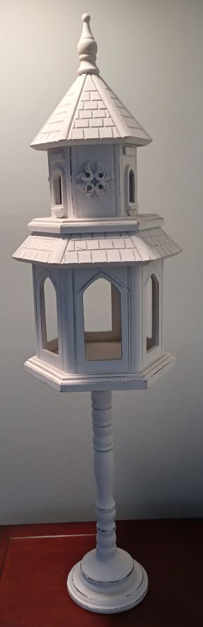 Standing Gazebo - This piece is done in the shabby chic style, white in color with distressed features. A piece for both inside or out. Measurements are 30 1/2&quot; high X 9 1/2&quot; at its widest point. 