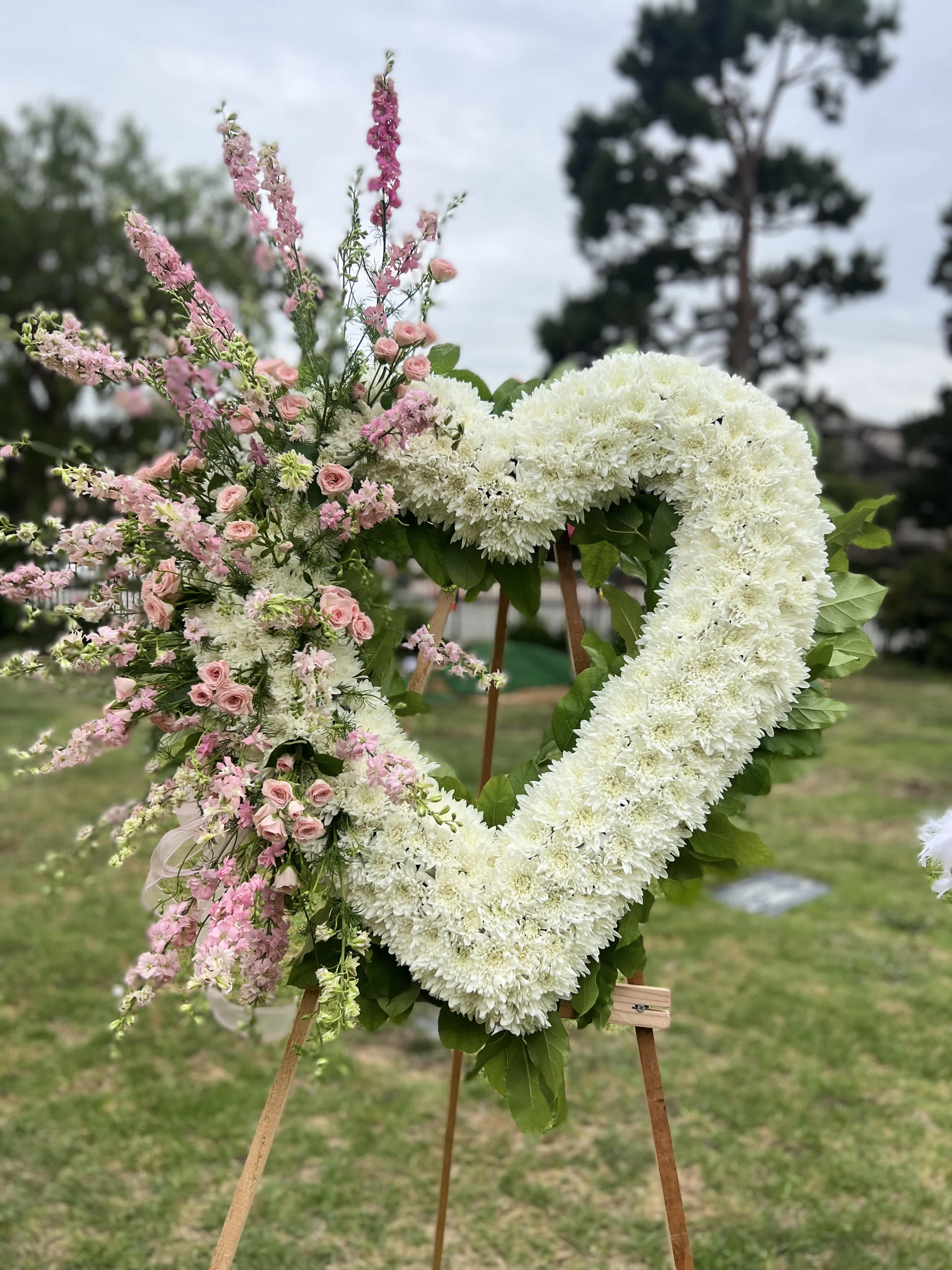 Stand Pink Side Open Heart - White Open Heart with Pink Flowers Side. 28&quot; Approx.