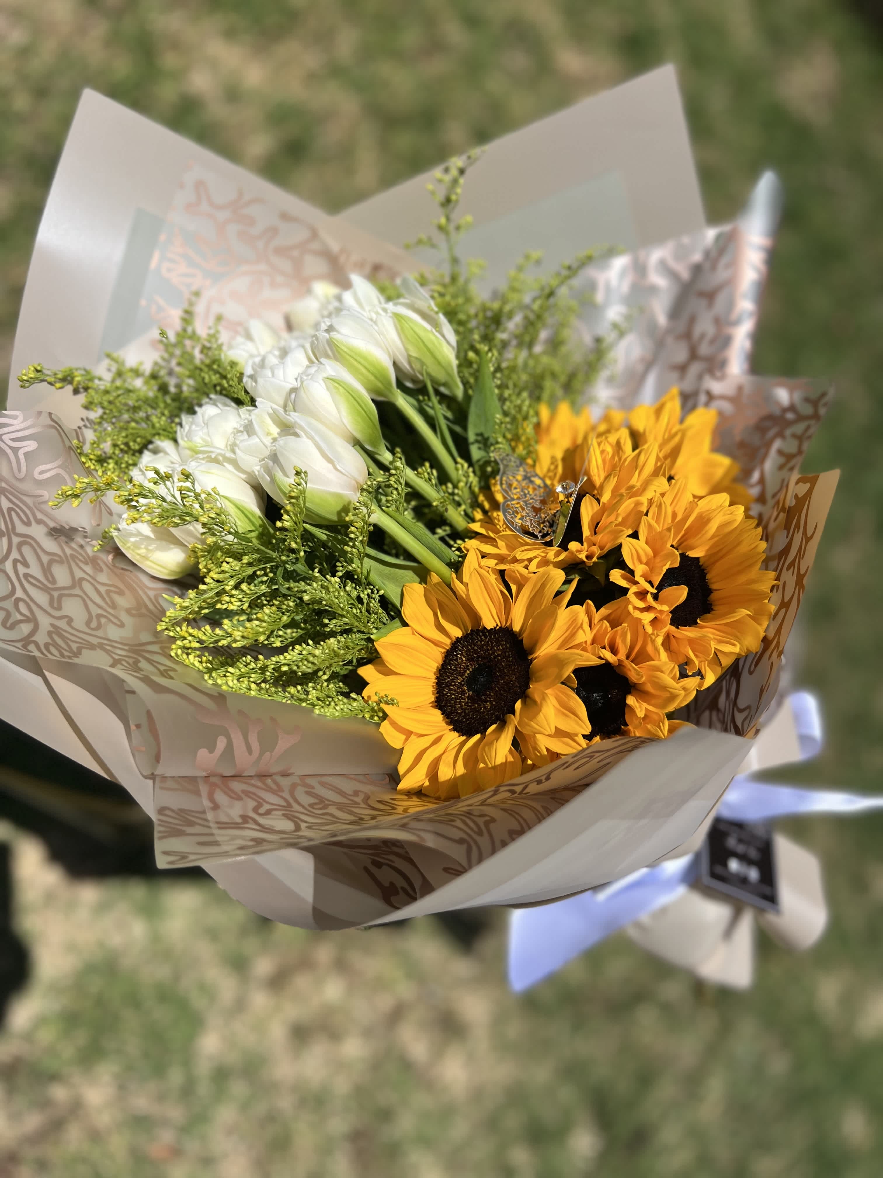 Sun Tulips - 10 White Tulpis and 5 Sunflowers. Wrapped Champagne Paper.
