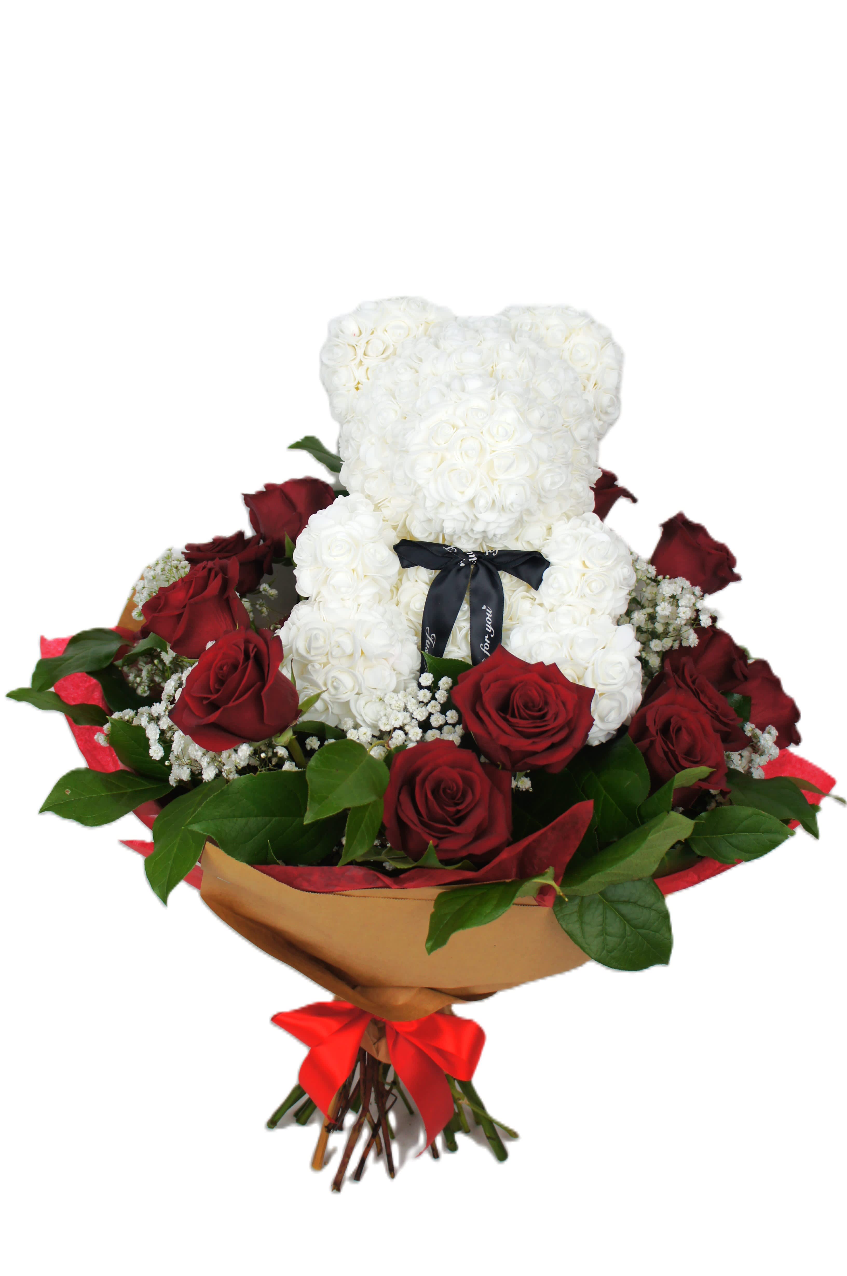 Bear love - A bouquet made of 12, 24, or 36 roses, a mix of greens and fillers with a foamy roses bear on top