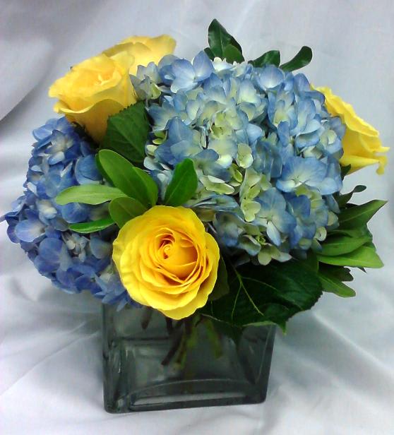 Spring Song - Glass cube vase with blue hydrangea and yellow roses.  Due to product availability, container may vary.