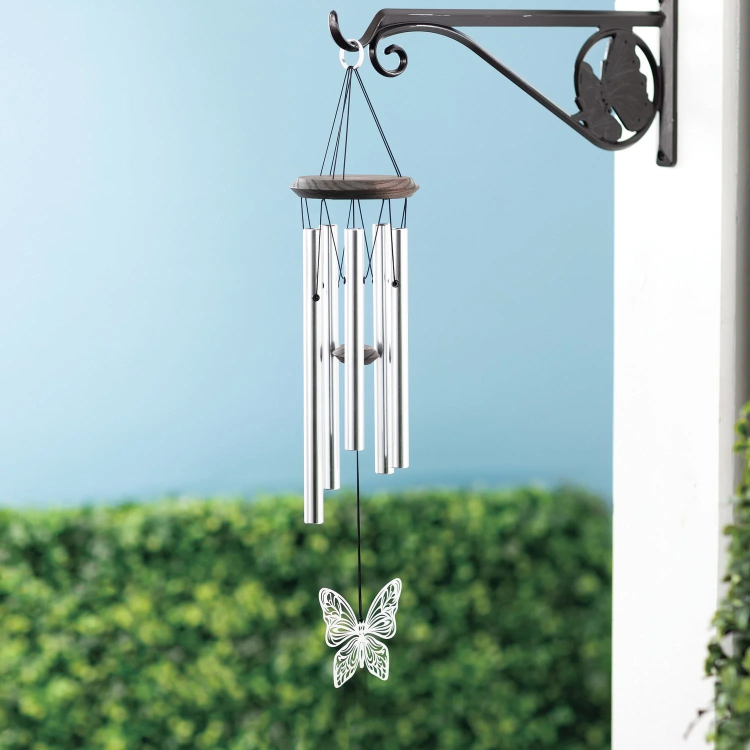 Woodstock Butterfly Windchime  - Teak finish ash wood 5 silver aluminum tubes Stainless steel ornament Overall Length: 21 inches