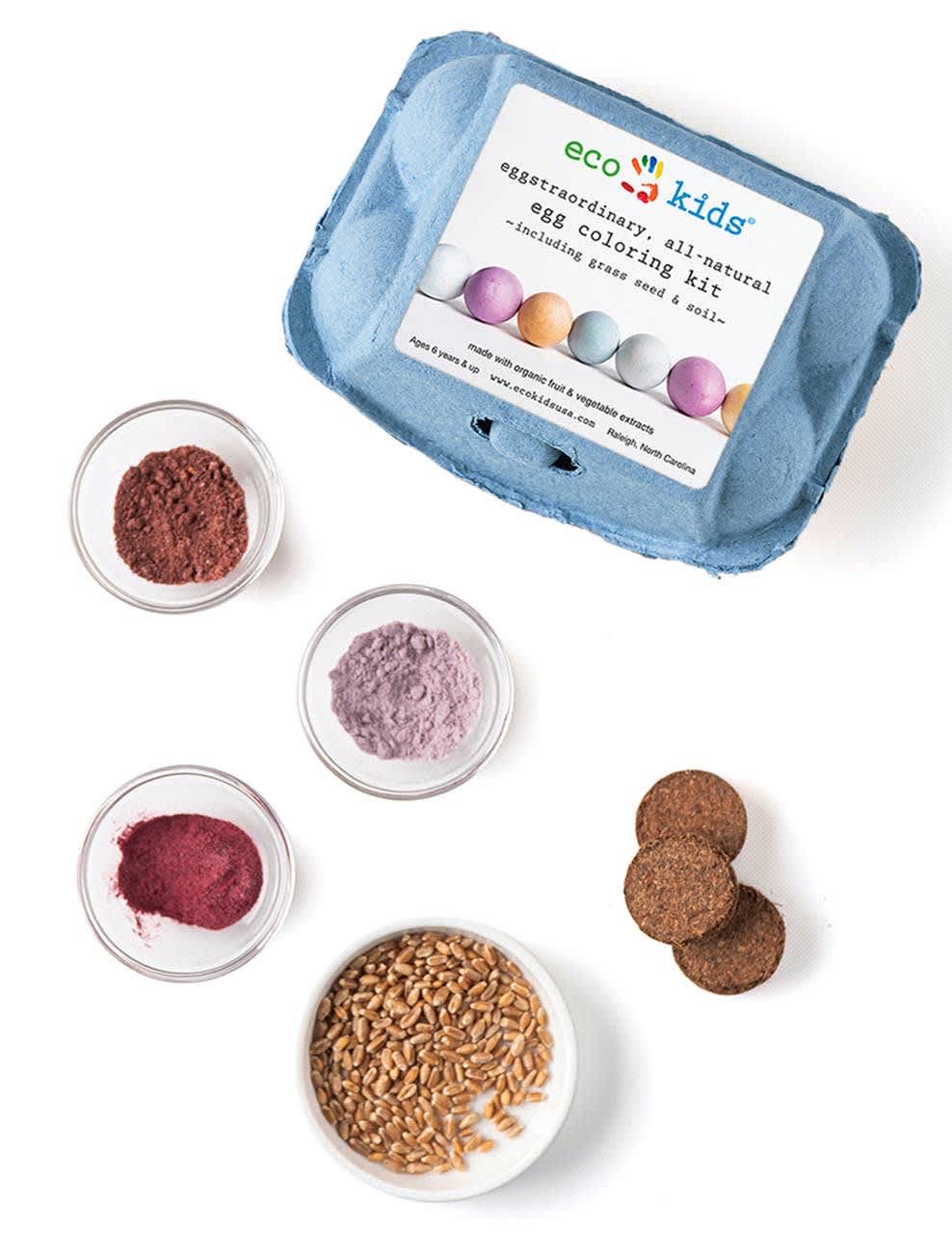 Egg Coloring and Grass Growing Kit Egg Coloring and Grass Growing Kit - Enjoy using this all-natural egg coloring kit, made with organic fruit and vegetable extracts. The kit also includes egg dyeing and grass growing instructions as well as grass seed and soil. Plus, color chart and instructions. Perfect addition for your child’s Easter Basket.