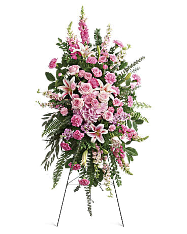 Glorious Farewell Spray - This glorious spray of pink hydrangea roses and lilies is an especially fond feminine farewell to one deeply loved.