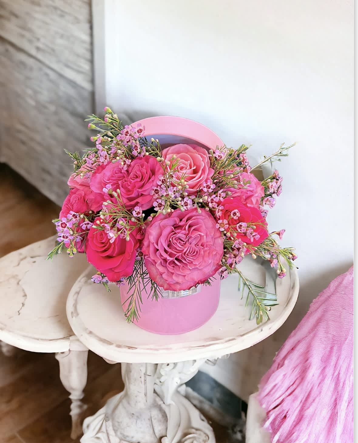 Cute pink hat box - Hat box Size : H 6 * W 6  Box color: Pink Flowers : Pink garden roses mix with pink Wax flowers