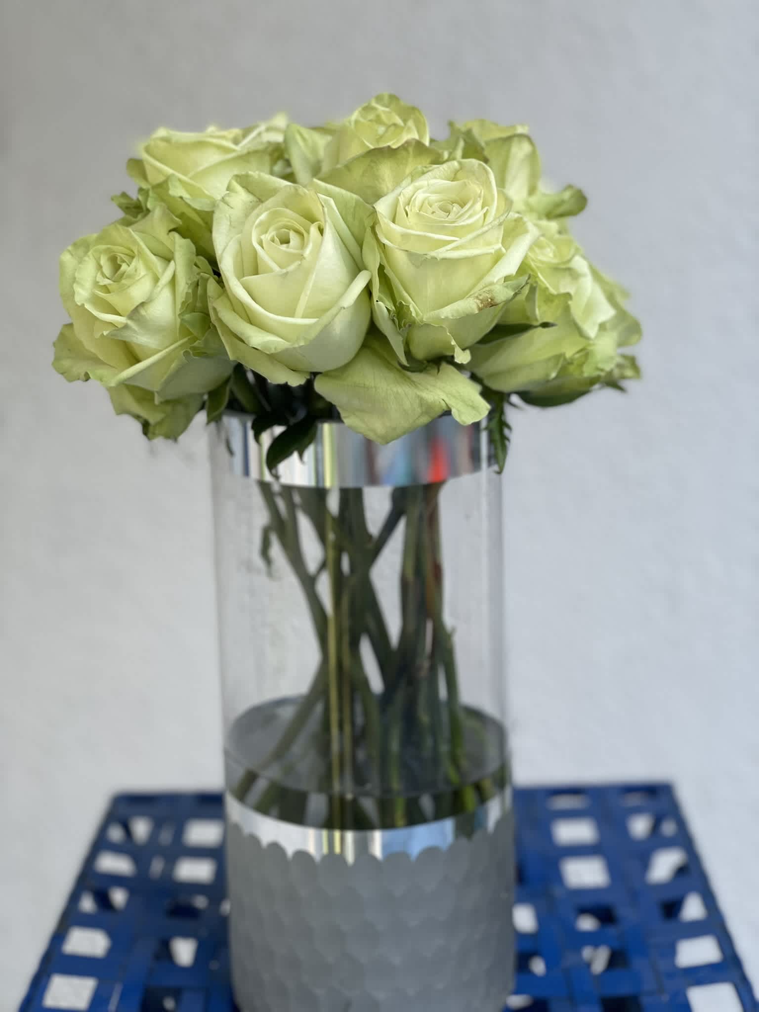 Baker's Dozen:Green Roses  - 13 gorgeous long stem green roses arranged in an elegant glass vase