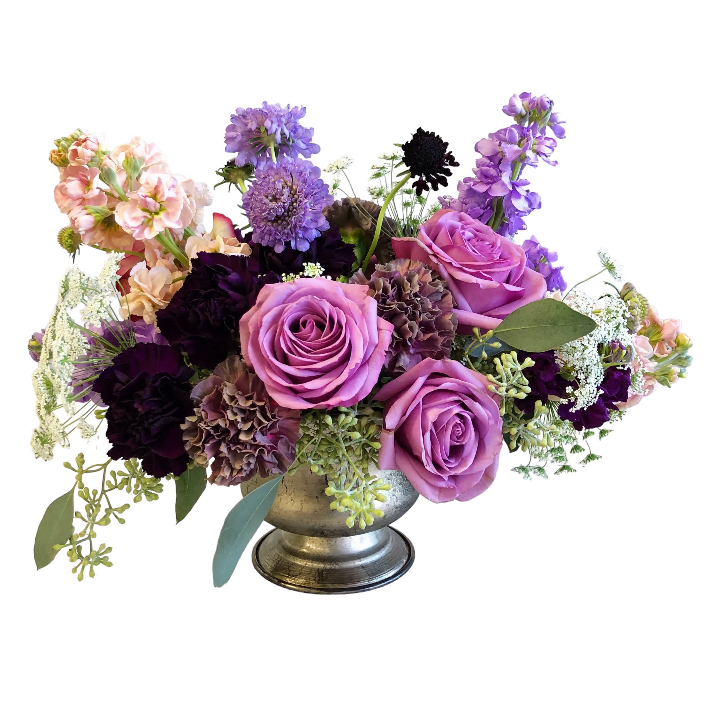 Lovely In Purple - Mix of Roses, Carnations, Stock, and Scabiosa in a lovely compote