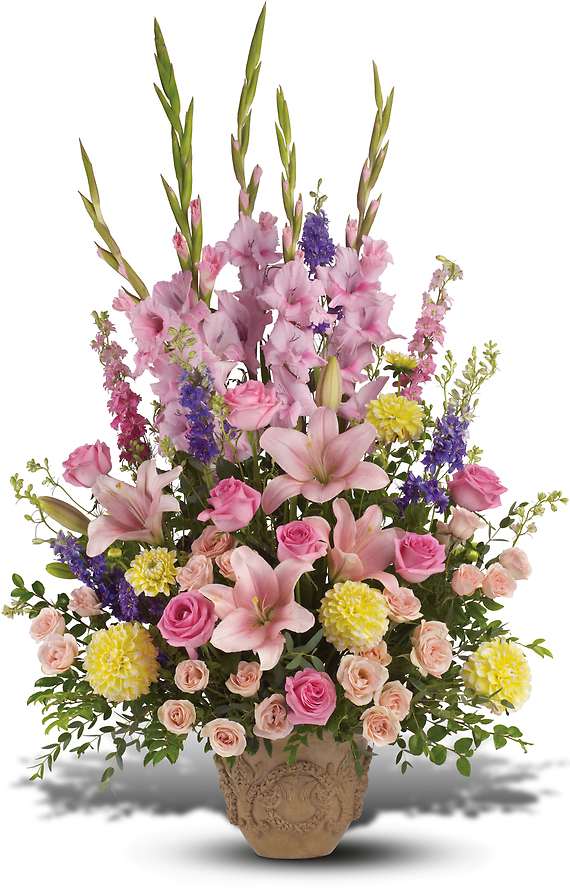 EVER UPWARD BOUQUET - Feminine gardens of grace honor a beautiful woman. Presented in a Grecian-style urn, these tall pink sympathy flowers reach toward the sky in graceful tribute.  Bountiful blooms such as hot pink roses, pink spray roses, pink hybrid lilies, yellow dahlias, pink gladioli, pink and purple larkspur, huckleberry and parviflora eucalyptus.