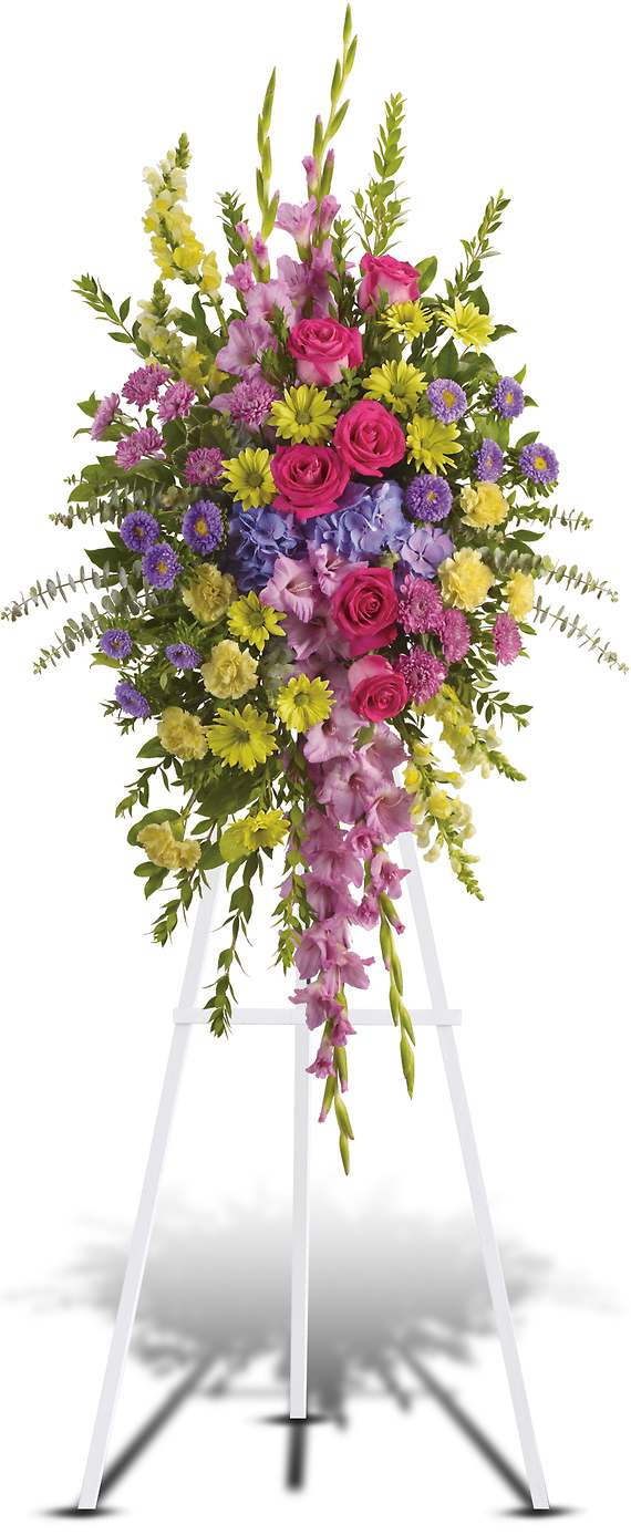 BRIGHT AND BEAUTIFUL SPRAY BRIGHT AND BEAUTIFUL SPRAY - This bright spray of purple, lavender, pink and yellow flowers is a thoughtful way to celebrate a beautiful life.