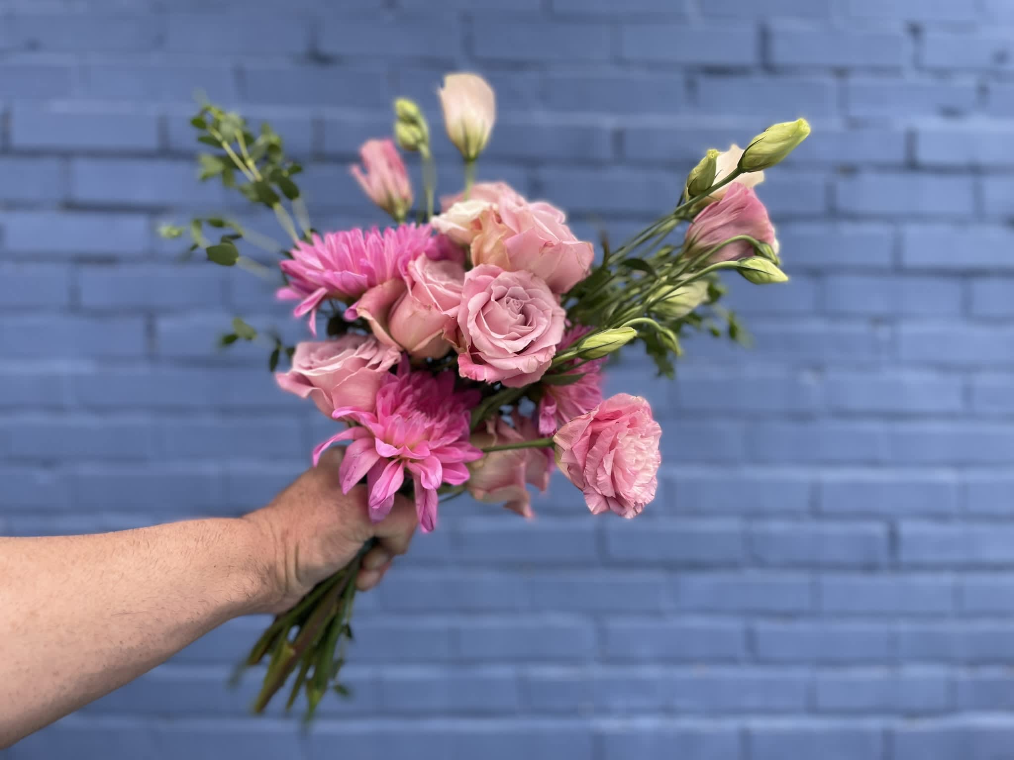 the &quot;Amelie&quot; - This sweet bouquet in tones of lavender and pink is delightful in its scale and tones. The pink quartz dahlias and lavender roses compliment each other perfectly, while the lisianthus gives it a more unique asymmetrical shape.