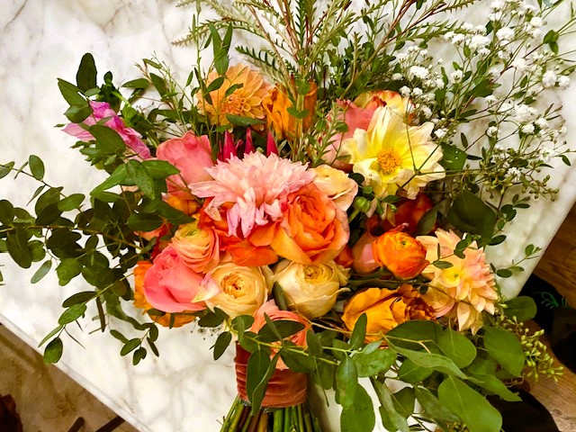 the &quot;Shannon&quot; - This gorgeous bouquet reflects the golden light of Italy. Using mocha, peach, orange, yellow, and green tones to create an elegant sprawling look. The wild look of the Dahlias especially make this beauty stand out! 