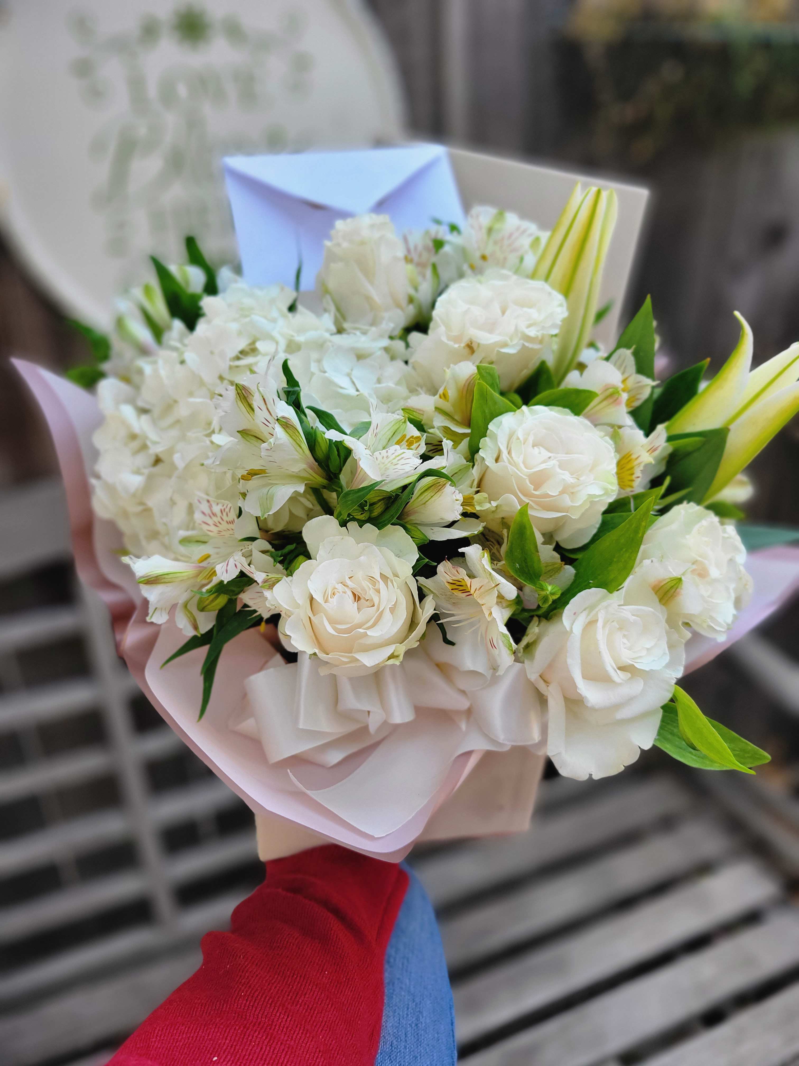 Diamond Dream All White Floral Box  - Our Diamond Dream Bouquet is designed in a white suede box and features all white florals including Hydrangea, Roses, Lily, alstroemeria, Lisianthus, Snap dragon and stock! This make a wonderful formal gift or a modern sympathy gift.   This Arrangement has been previously gifted on Occasions such as Sympathy, Birthday, &amp; Thankyou and we have also had the pleasure to deliver this to a Honored Judge of the Superior Court of Los Angeles.