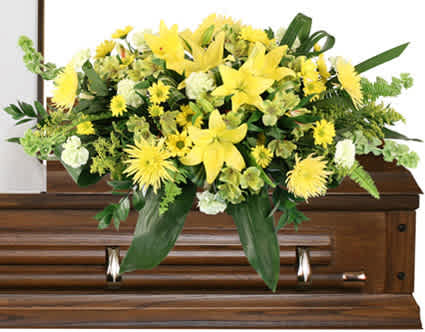 Mourning Sunshine - The Mourning Sunshine casket spray represents the sunshine they brought to your life. This casket piece will encompass the dazzling spirit that radiated from their being while consoling the hearts of those mourning the loss of a loved one. Featuring vibrant yellow spider mums and lilies with accenting pale green carnations, this spray can bring brightness to even the darkest of times.