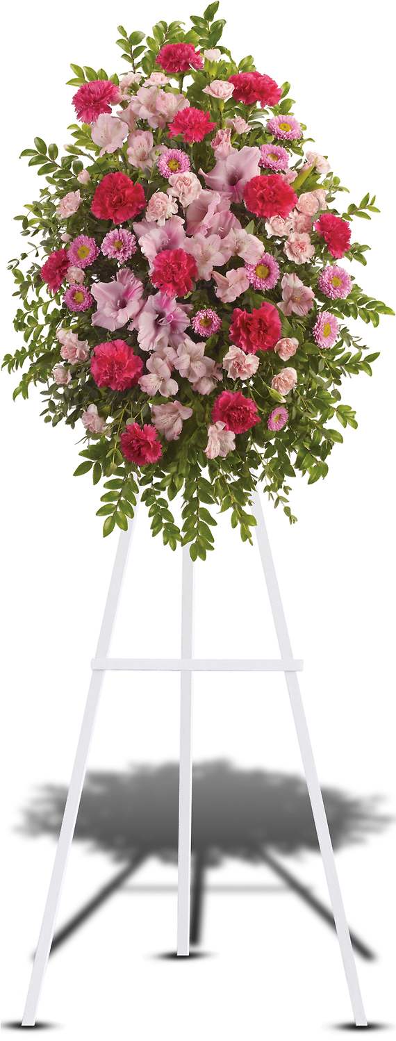 PINK TRIBUTE SPRAY - To send sympathy flowers is a testament of your love and devotion. This feminine standing spray is a pink garden of alstroemeria, gladioli, carnations and asters.
