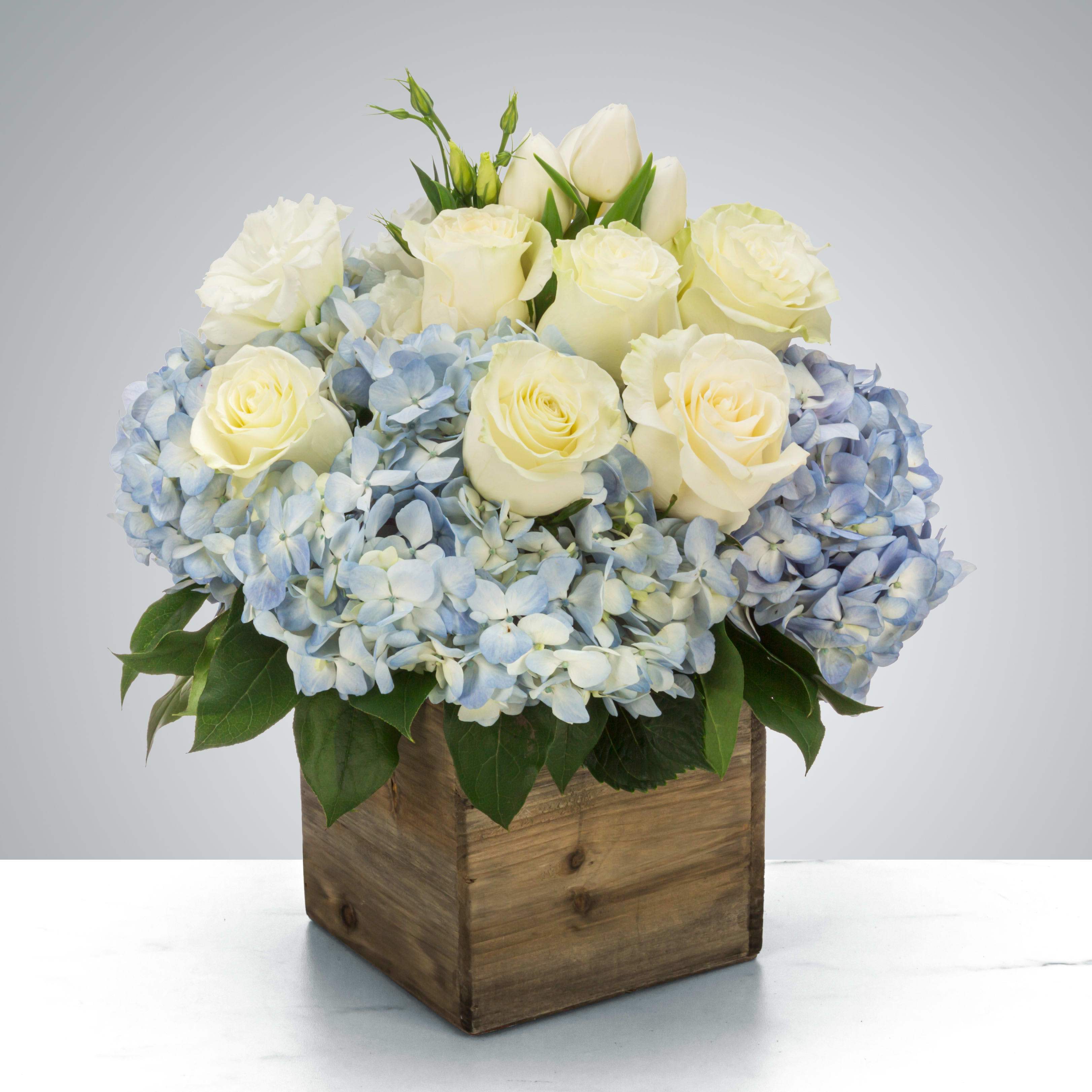 Sail Away - Send something to let them know you care. Featuring blue hydrangea, white tulips, and white roses this arrangement is a nice way to show you are thinking of somebody in their time of need.  Approximate Dimensions: 12&quot;D x 14&quot;H