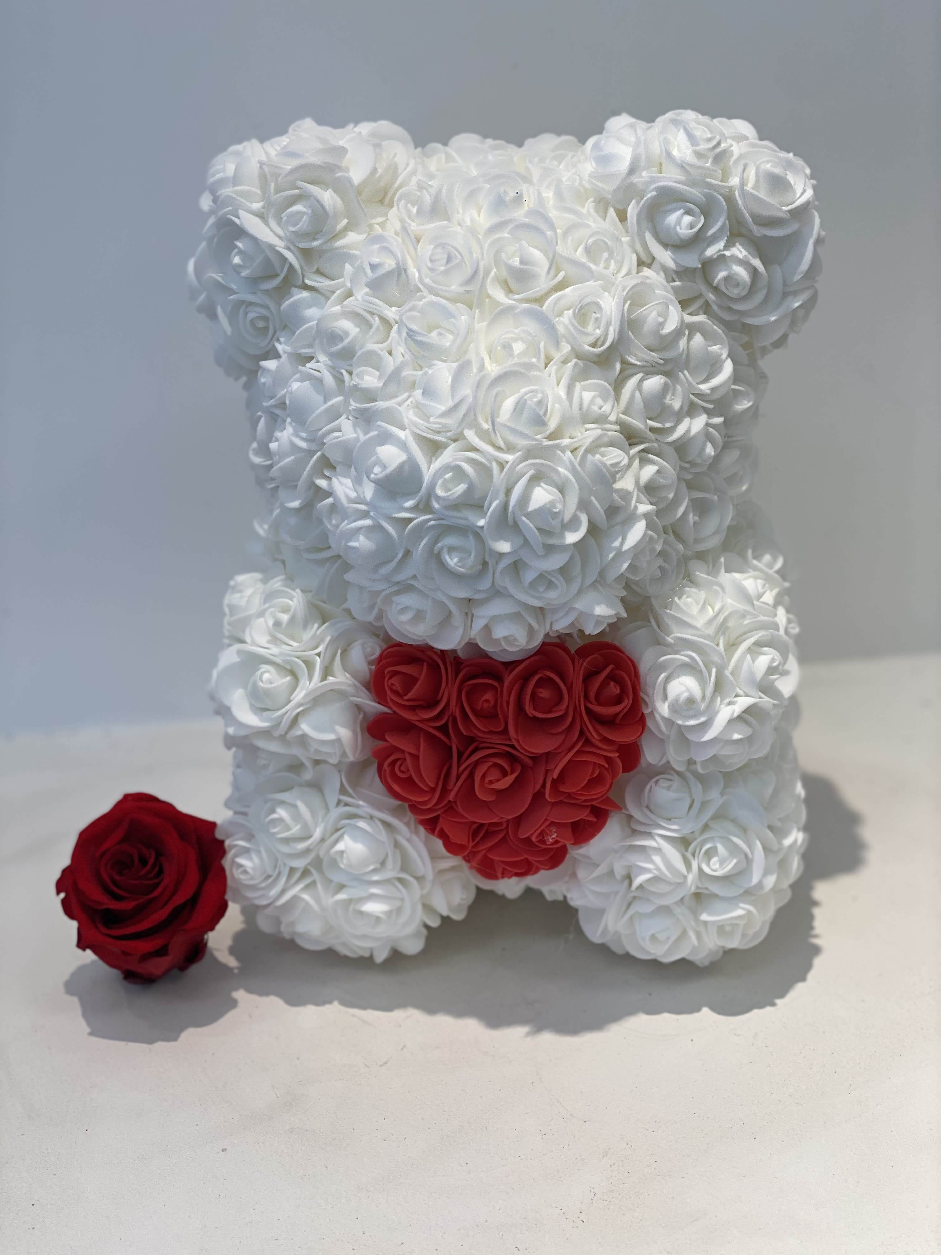 Rose Teddy Bear -white With Red Heart  - Standard- Your order will be arranged approximately as shown on our website. 