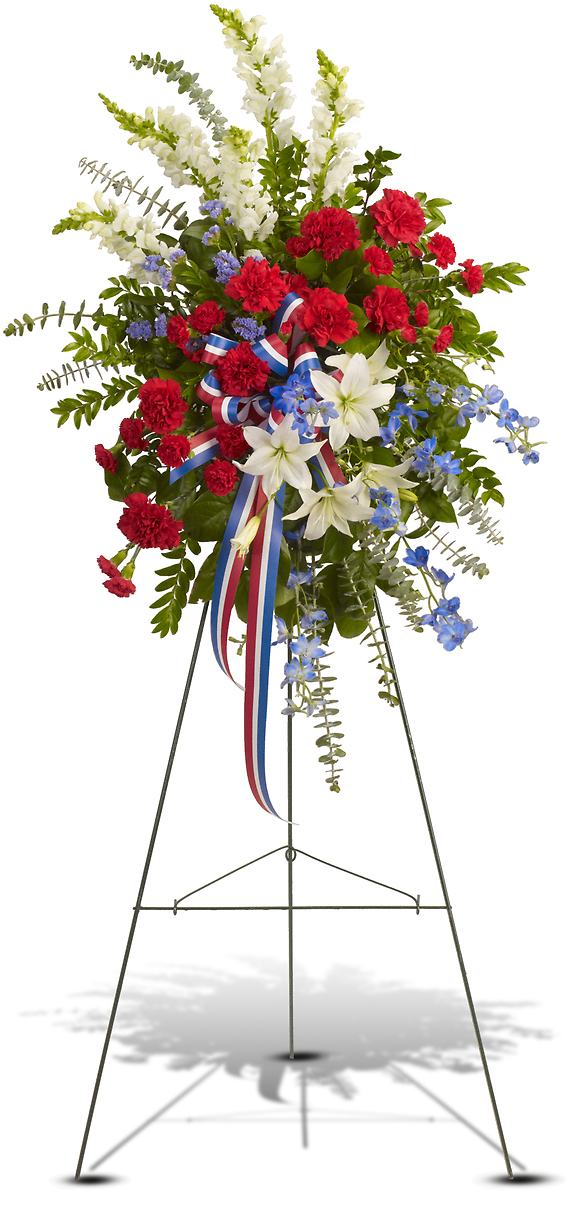 SACRED DUTY SPRAY - Sparkling like an Independence Day fireworks display, a striking red, white and blue spray stands tall proud and patriotic. Bearing the colors of our nation's flag, it's a grand and fitting tribute to members of the military and American heroes.