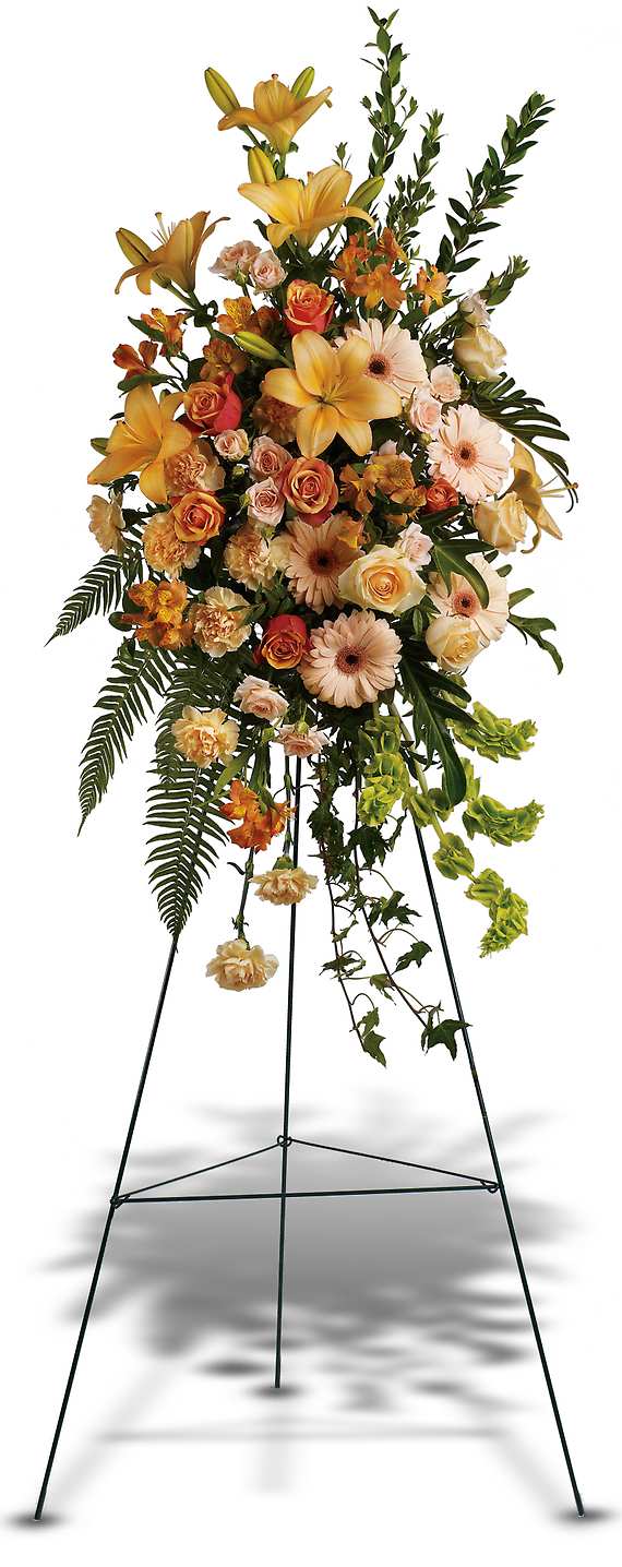 SWEET REMEMBRANCE SPRAY - A fountain of subtle color is provided by this gracefully elegant array of peach roses and lilies and other favorites - a symbol of life and hope during a difficult time.  The striking bouquet includes peach roses, orange bi-color roses, peach spray roses, peach asiatic lilies, orange alstroemeria, peach carnations and bells of Ireland, accented with assorted greenery.