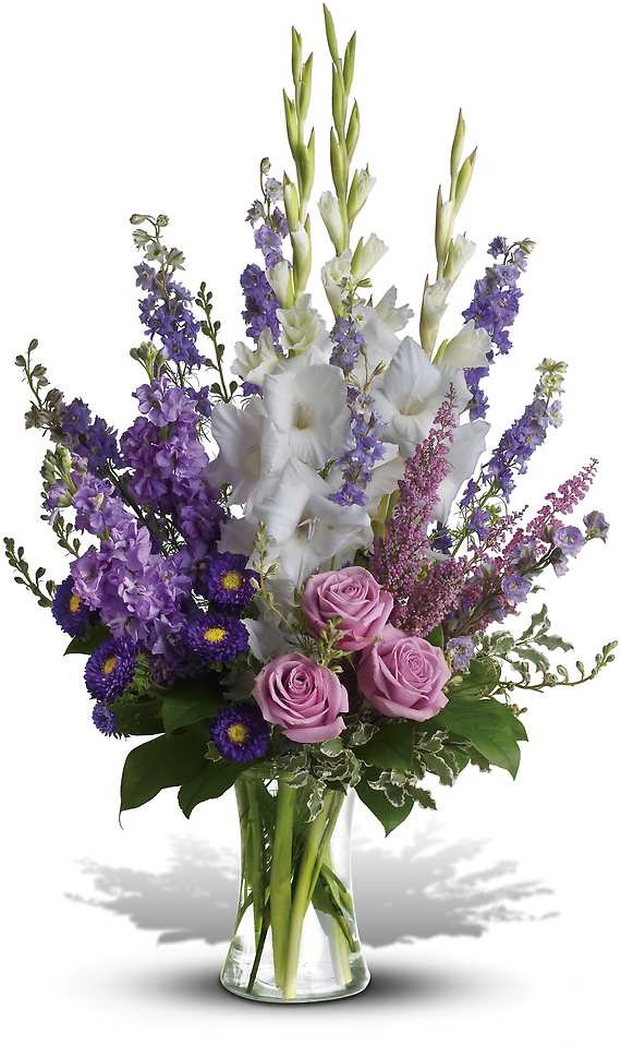 JOYFUL MEMORY JOYFUL MEMORY - Lavender and white sympathy flowers make a grand statement in this joyful bouquet. Cherish your memories with this lasting remembrance of lavender larkspur and roses, deep purple asters, pure white gladioli and the softest pink heather. Beautiful fresh flowers such as lavender larkspur, stock and roses, plus purple asters, white gladioli and pink heather.