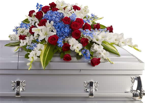 DISTINGUISHED SERVICE CASKET SPRAY DISTINGUISHED SERVICE CASKET SPRAY - For a military or private funeral, this classic half-couch casket spray is a proud and patriotic way to pay lasting tribute to an loved one's esteemed memory, life of service and dedication to freedom.