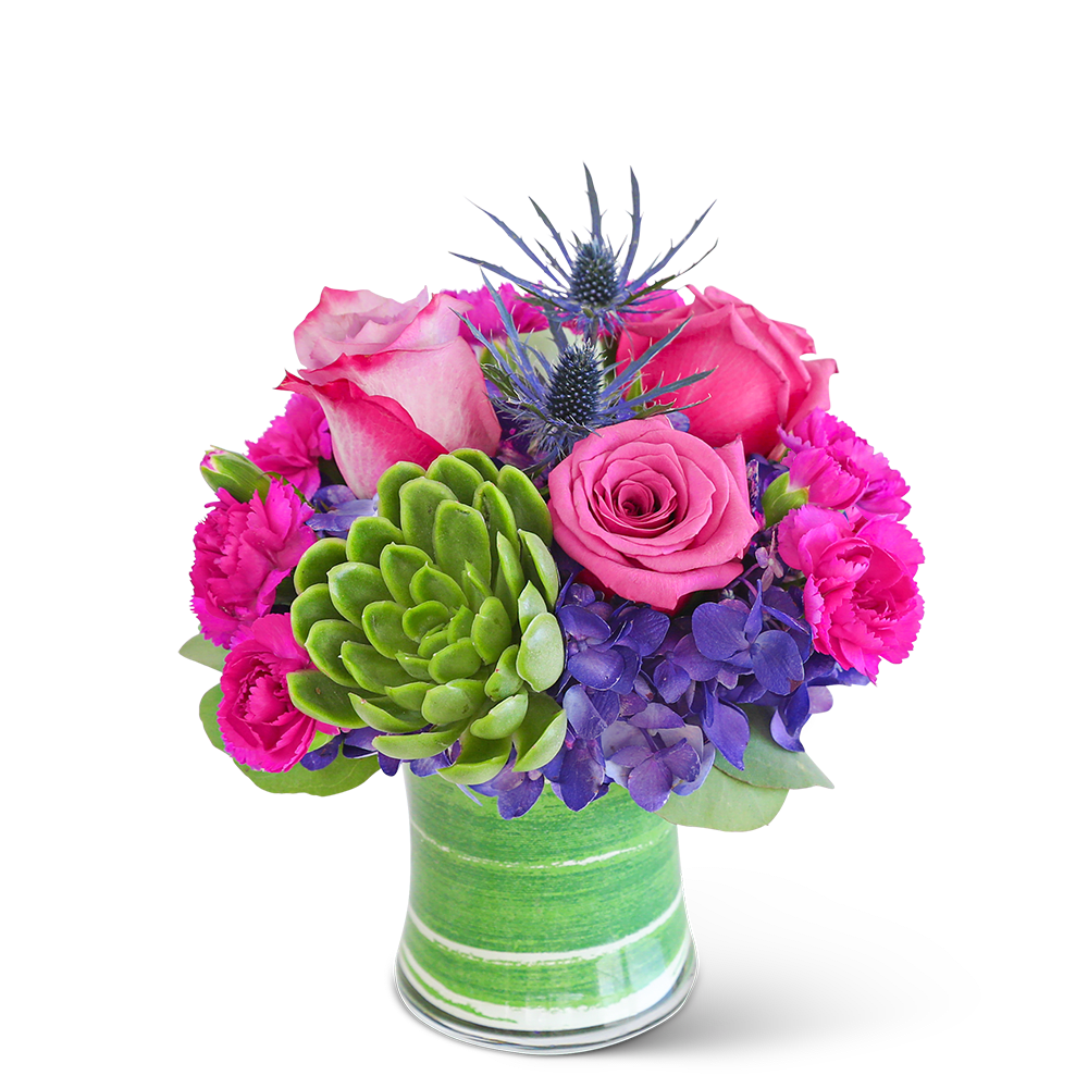 London Posh with Succulent - Delight in the rich purple tones of one of our floral favorites, London Posh with Succulent. A chic, leaf-lined vase with hydrangea, roses, carnations, succulent, and premium foliage makes up this gorgeous floral design. This vibrant flower arrangement will brighten anyone's day and add a pop of color to any space.