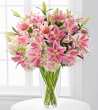 Intrigue Luxury Lily &amp; Hydrangea Bouquet - 22 Stems - Capture their attention with blushing beauty and undeniable charm. Exquisite pink Oriental Lilies and pink Asiatic Lilies stretch their large star-like petals across a bed of blush hydrangea blooms to create an eye-catching bouquet perfectly arranged in a superior clear glass vase, bringing your special recipient a gift of floral finesse they won't soon forget. Includes 7 stems of pink Oriental Lilies, 6 stems of pink Asiatic Lilies, 9 stems of blush hydrangea and a superior clear glass 14-inch tapered vase. Approximately 38inH x 28inW. Lilies may arrive in various stages of development. The lily blooms will continue to open, extending arrangement life - and your recipient's enjoyment.