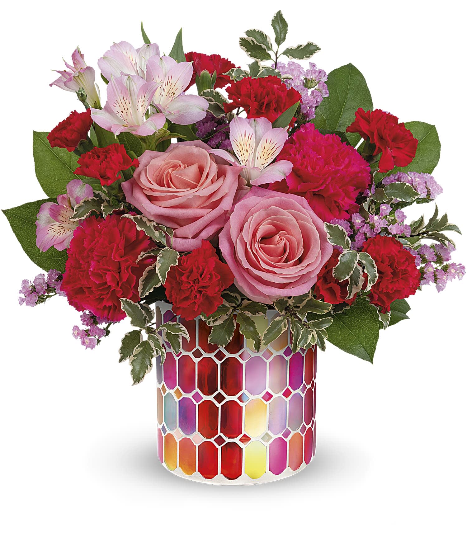 Charming Mosaic - Charmed, I'm sure! Sweep her off her feet with this lovely bouquet of pink blooms presented in a magnificent mosaic vase of pearlescent stained glass.  Pink roses, pink alstroemeria, hot pink carnations, miniature red carnations and pink sinuata statice are arranged with pitta negra and lemon leaf.  Approximately: 13 1/2&quot; W x 13 1/4