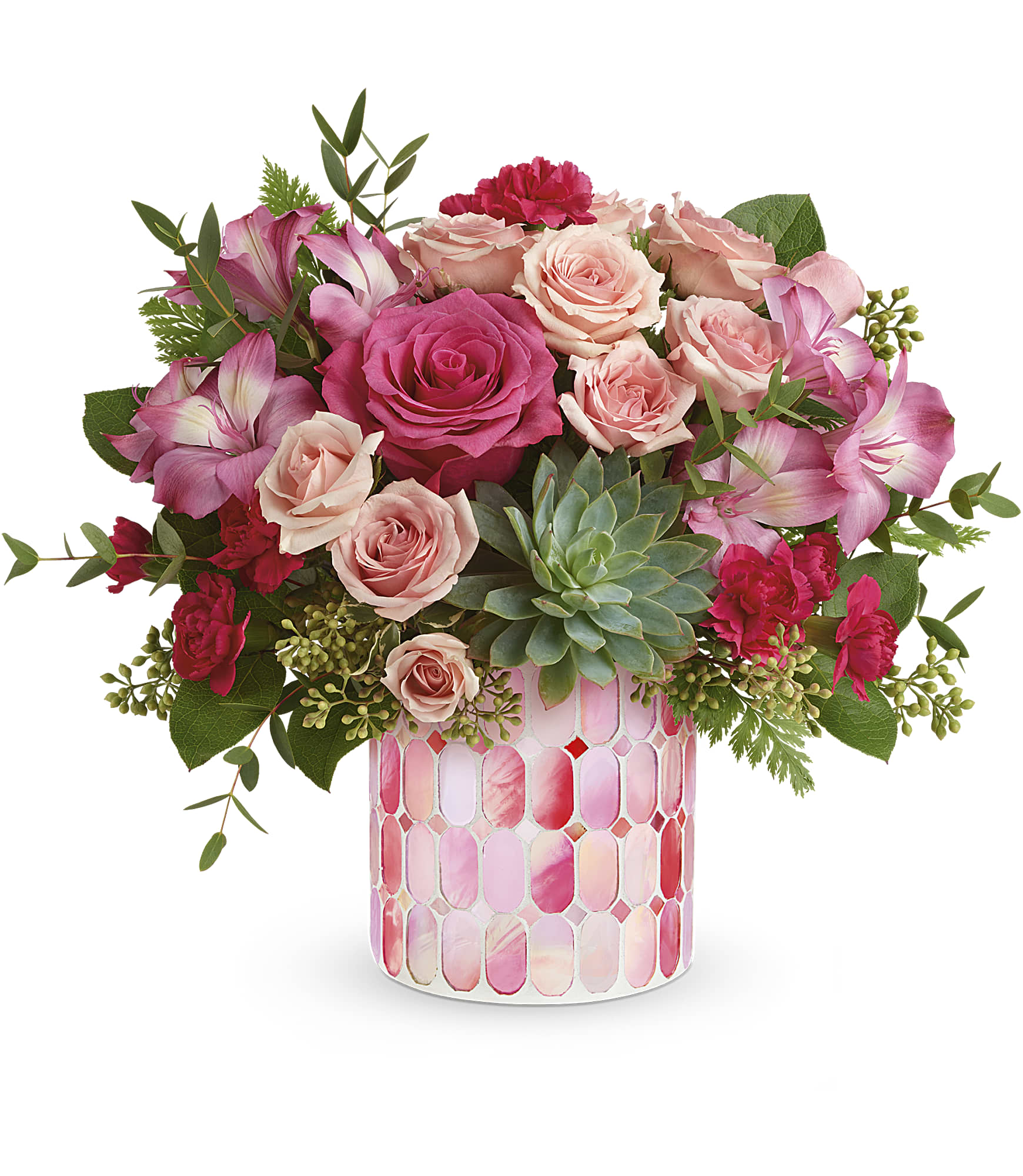 Wild Romance Bouquet - Brimming with stylish blooms, this unique mosaic vase of swirling stained glass is a glorious gift they'll always treasure.  This pretty arrangement features pink spray roses, pink alstroemeria, miniature hot pink carnations, seeded eucalyptus, parvifolia eucalyptus, leatherleaf fern and lemon leaf.  Approximately 14&quot; W x 12&quot; H  Orientation: All-Around