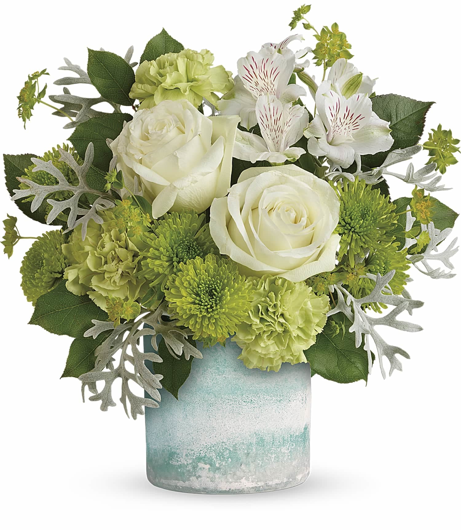 Seaside Roses Bouquet - Like an invigorating ocean breeze, this fresh bouquet of white roses and glorious green blooms is a beautiful pick-me-up on any occasion. Your lucky recipient will adore the vase, crafted of hand-blown art glass in shades of ocean blue and fabulous frosted finish.  White roses, white alstroemeria, green carnations and green cushion spray chrysanthemums are accented with bupleurum, dusty miller, and lemon leaf.  Approximately: 12&quot; W x 12 1/2&quot; H  Orientation: All Around
